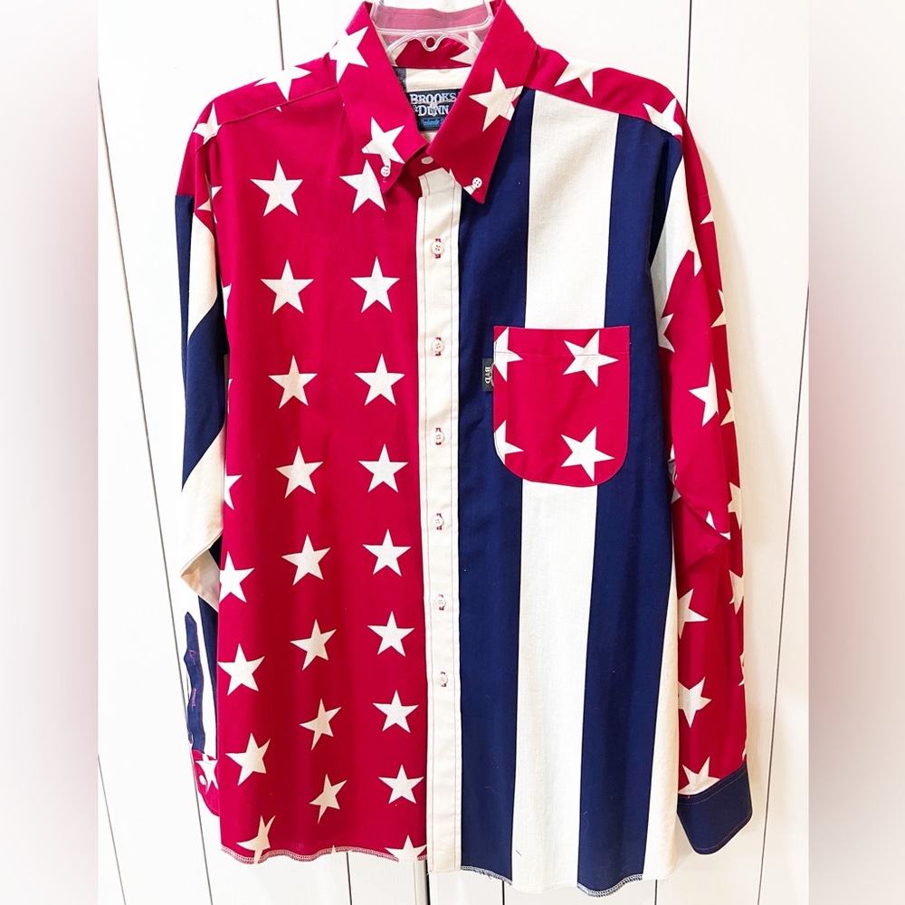 Vintage BROOKS & DUNN By Panhandle Slim Large Flag Button Down Shirt Patriotic